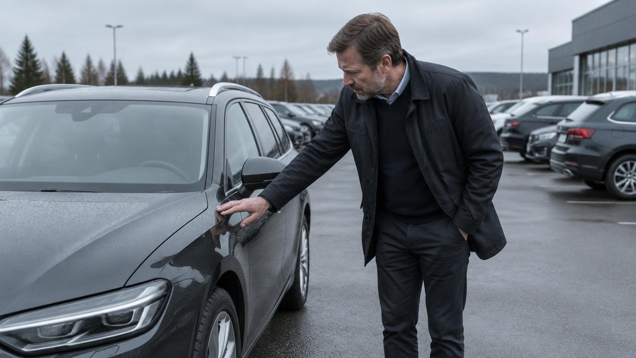 Företagare inspekterar en begagnad tjänstebil hos en bilhandlare