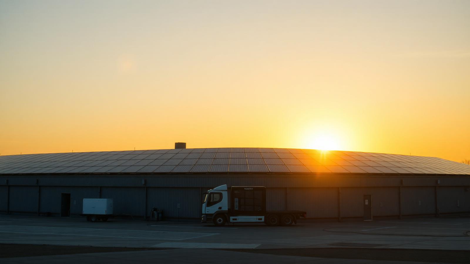 Solceller på ett industritak med en ellastbil på gården