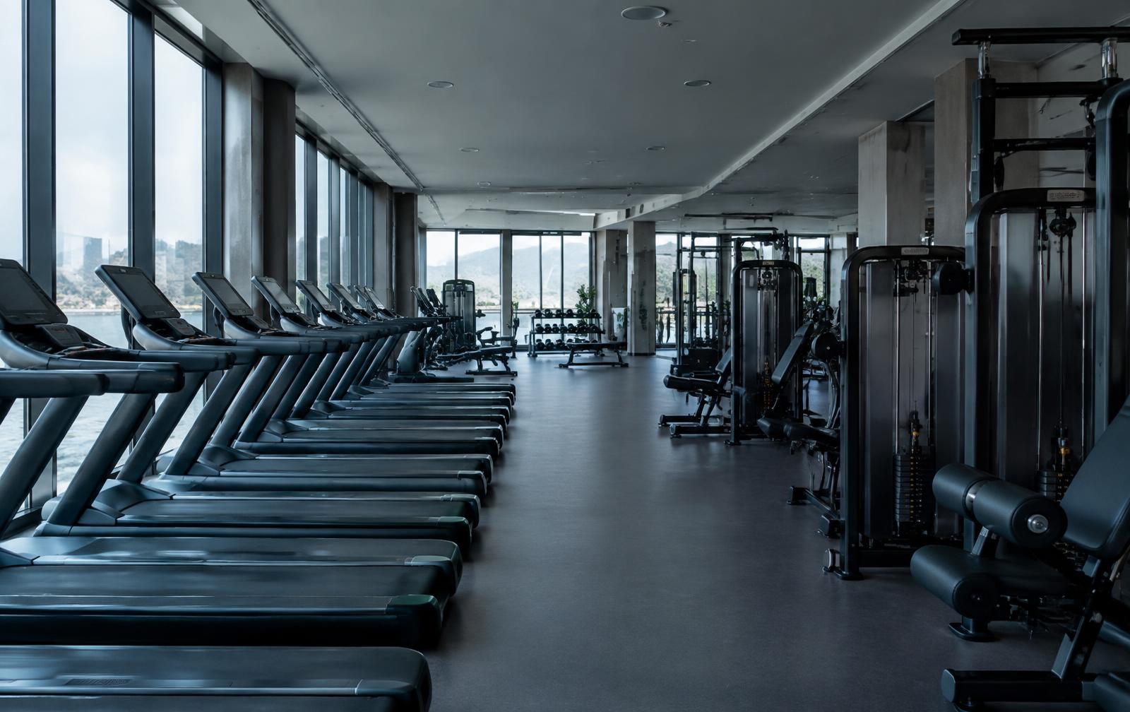 Gym med löpband och styrkemaskiner i dagsljus