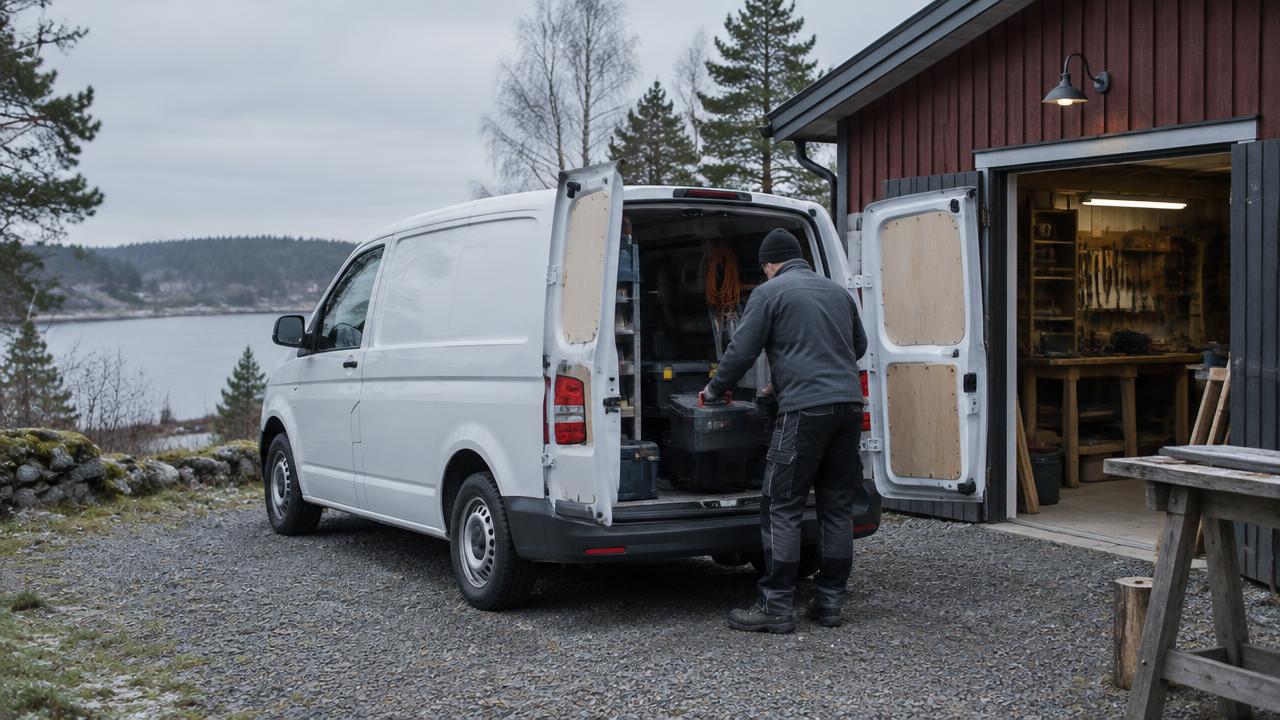 Hantverkare lastar verktyg i en vit transportbil utanför sin verkstad