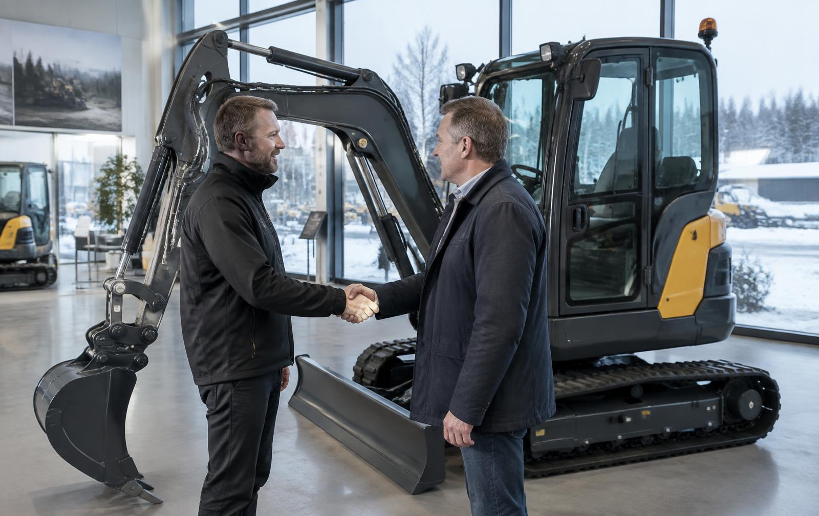 Maskinhandlare och kund skakar hand framför en ny minigrävare i en utställningshall