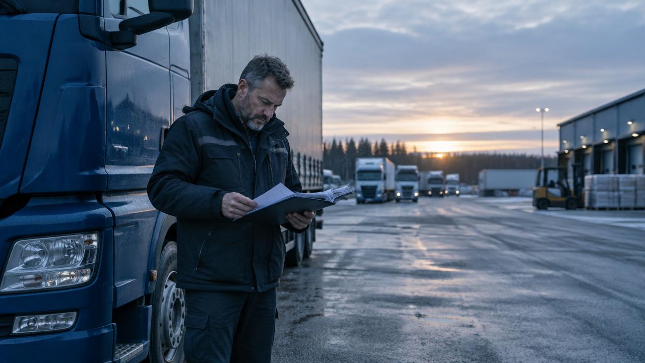 Åkeriägare går igenom papper bredvid en lastbil på en logistikterminal