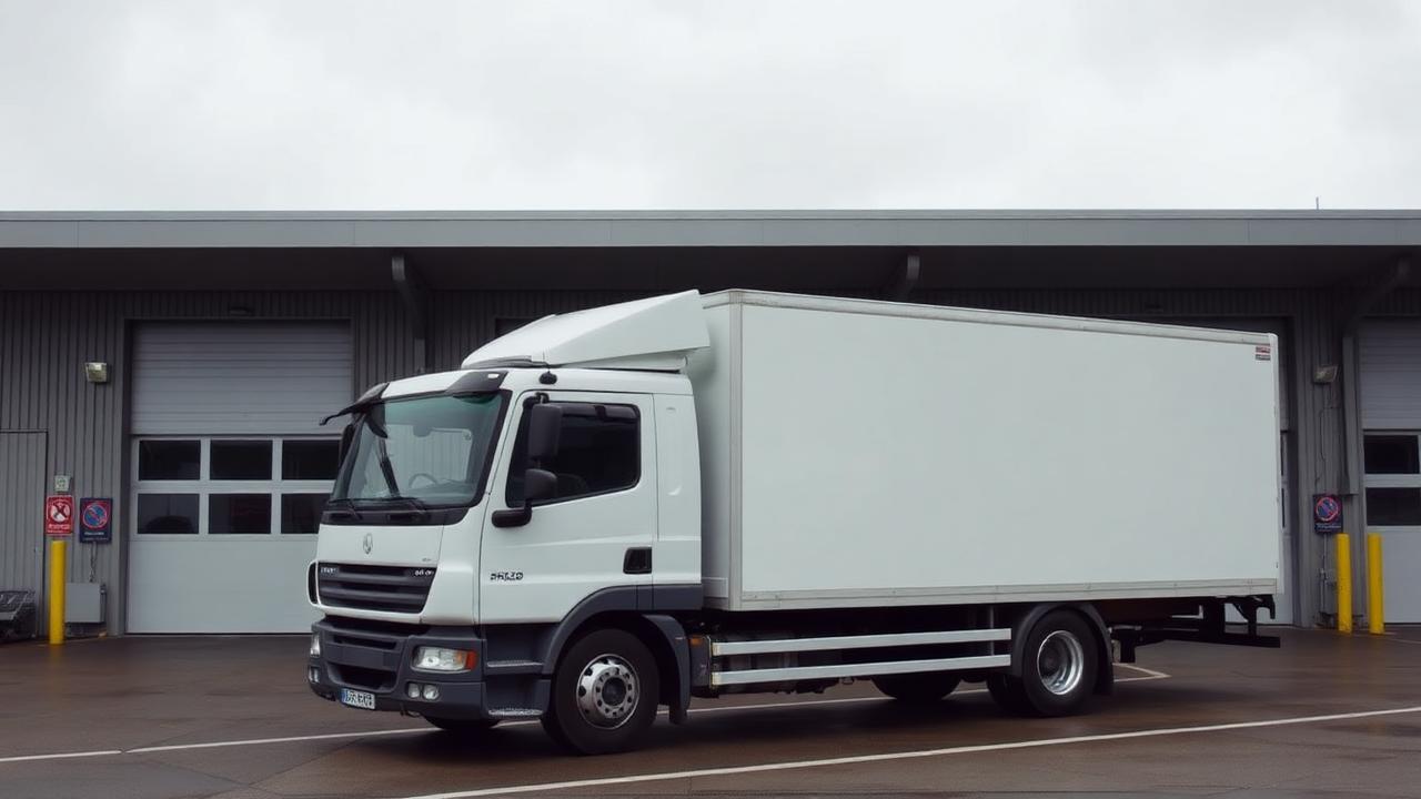 Vit distributionslastbil vid en lastkaj på en logistikterminal