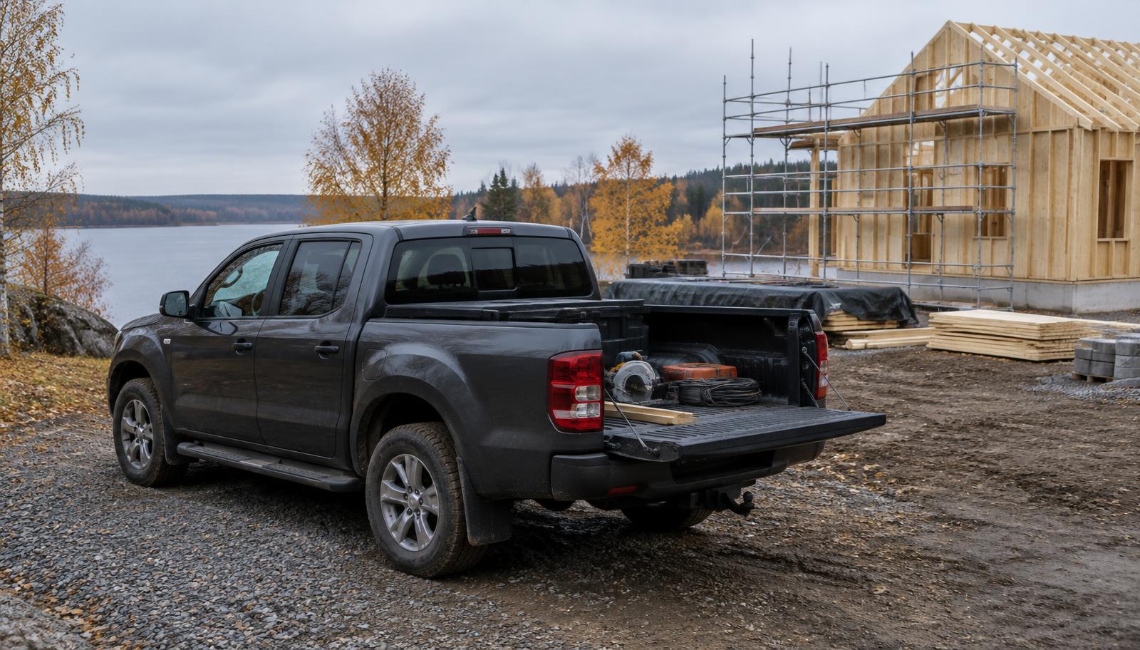 Mörkgrå pickup med verktyg på flaket parkerad vid en byggarbetsplats