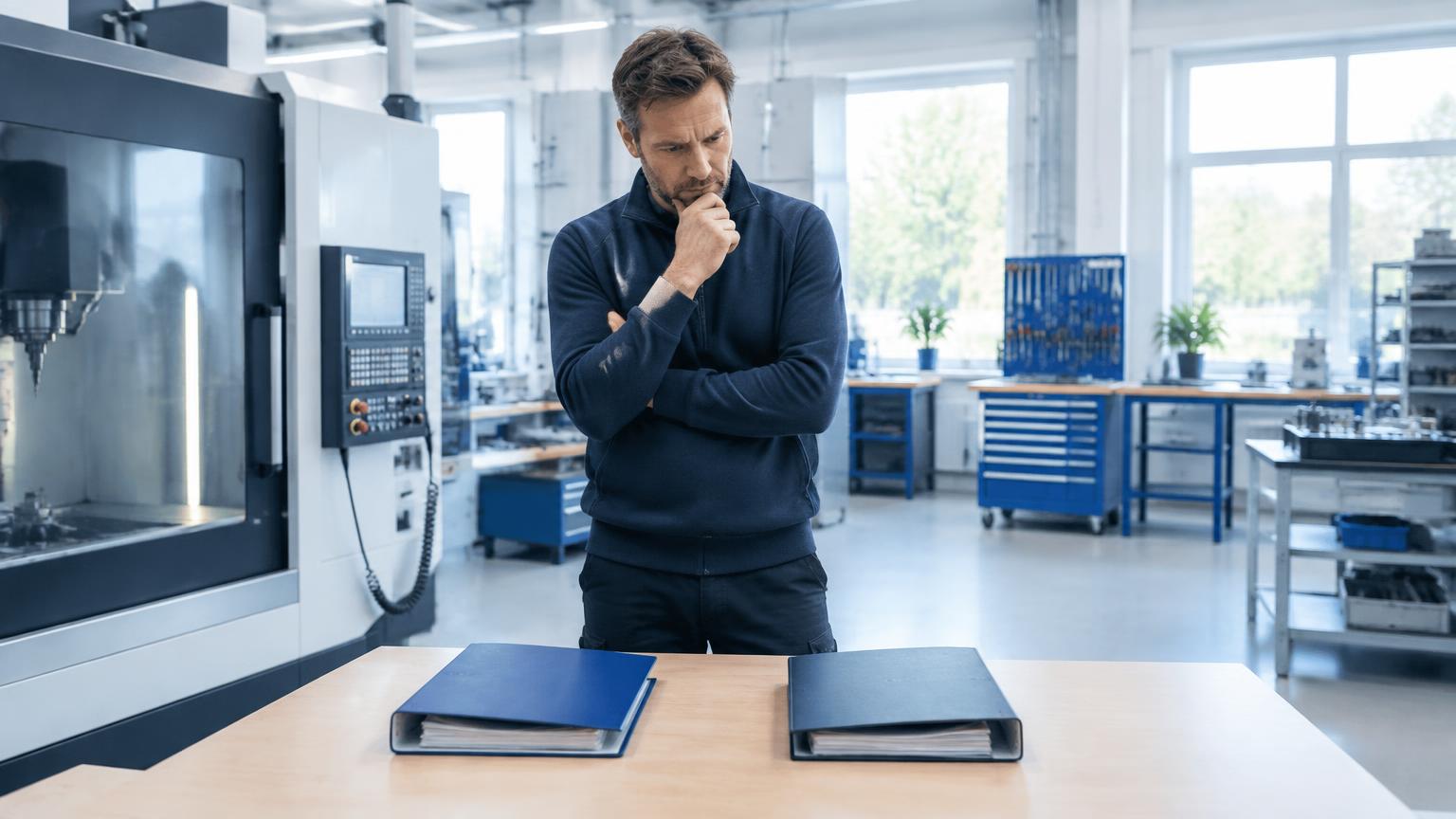 Verkstadsägare jämför leasing och avbetalning framför en industrimaskin