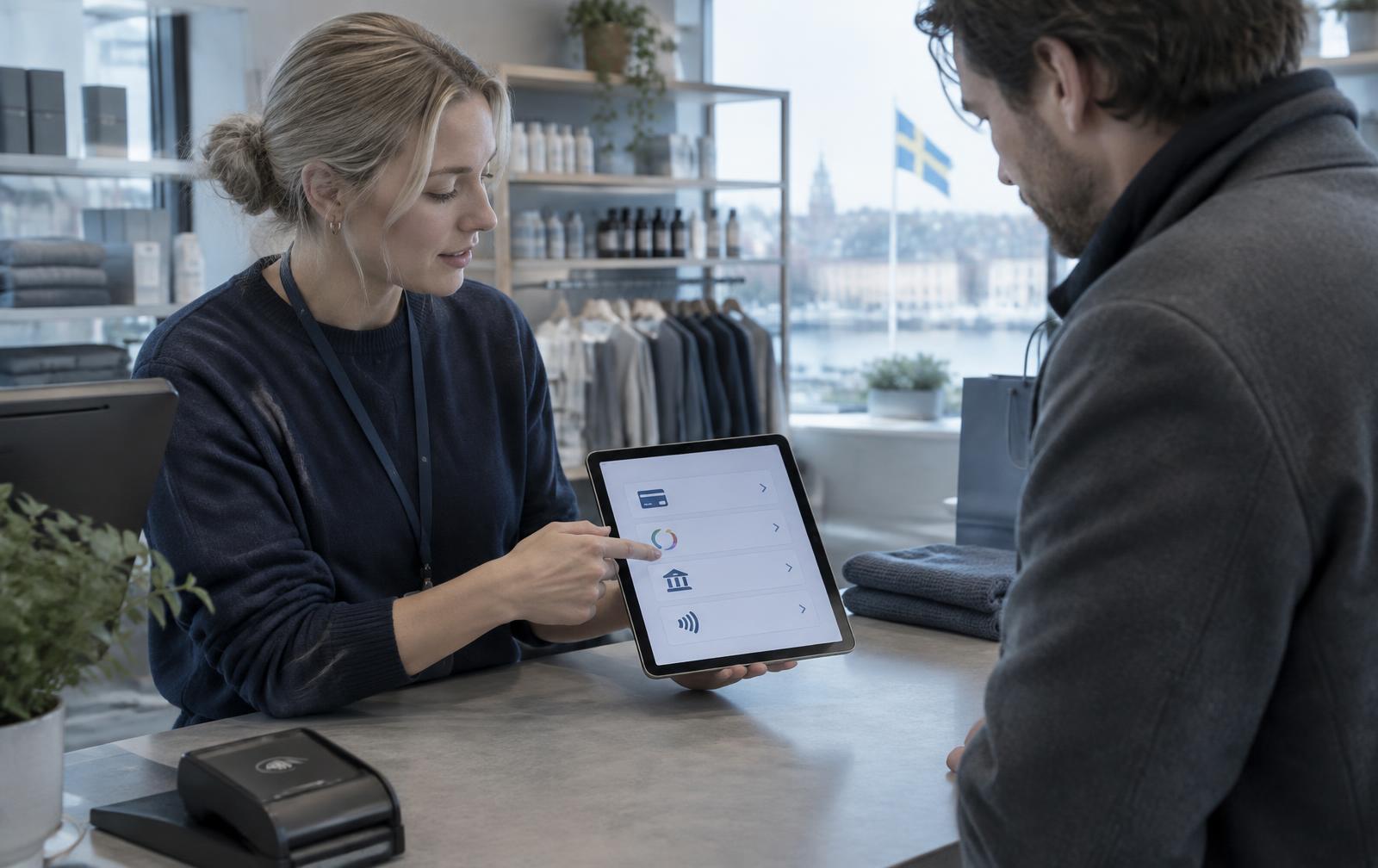 Säljare visar betalningsalternativ på en surfplatta för en företagskund i butik