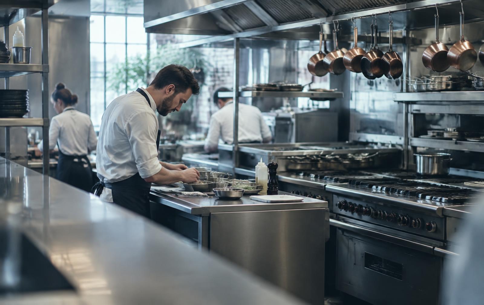 Kockar arbetar i ett professionellt storkök med utrustning i rostfritt stål