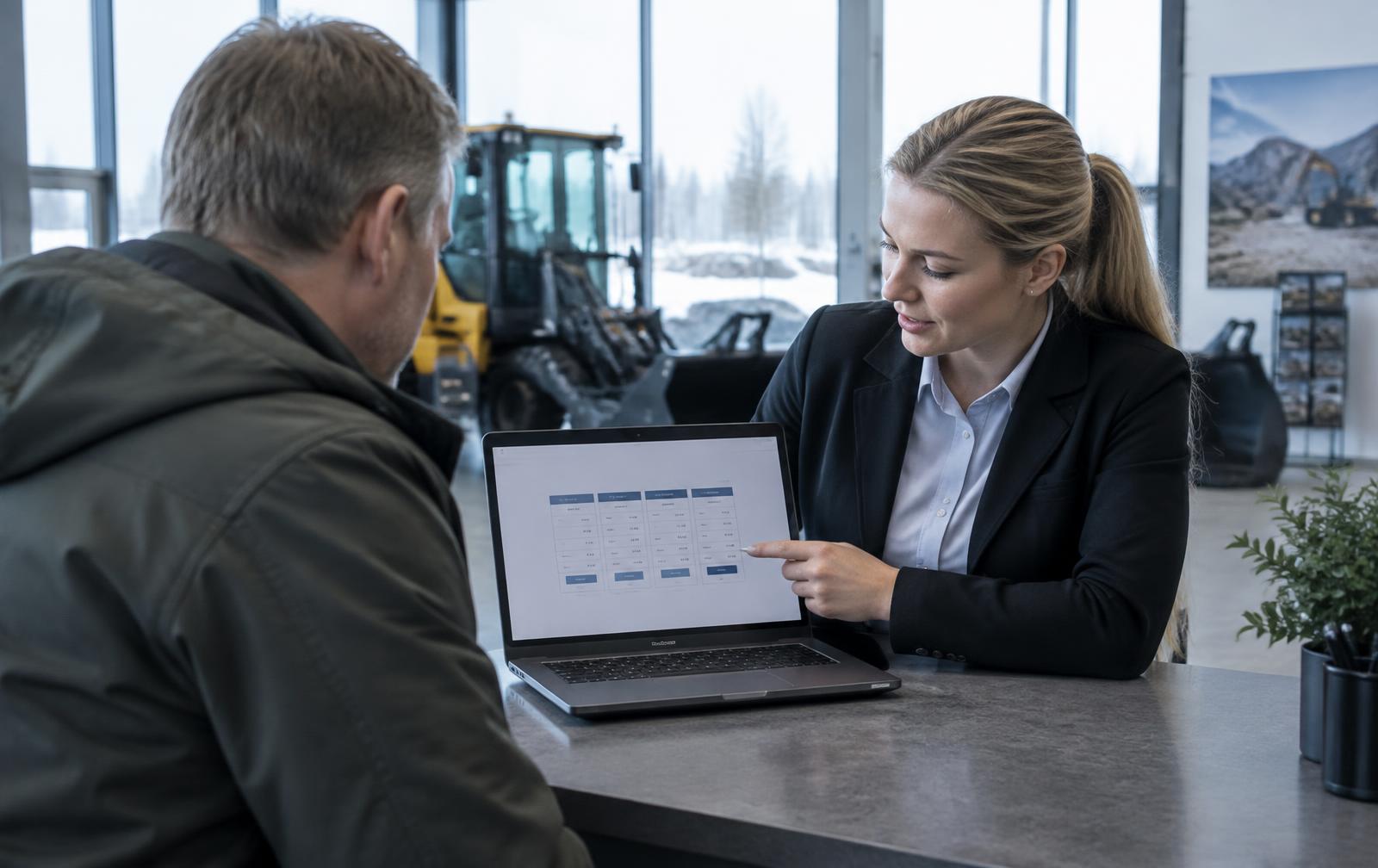 Säljare visar finansieringsupplägg för en kund i en maskinutställning